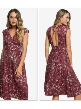 Roxy Burgundy Floral Tie-Back Midi Dress